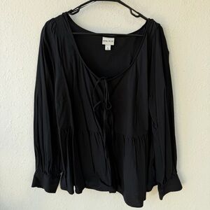 Ava & Viv Balloon‎ Sleeve Front Tie Black Ruffle Blouse Plus Size 1x